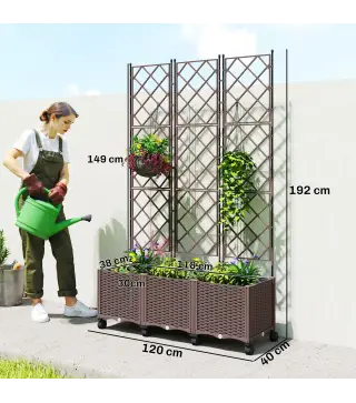 Jardinera con Enrejado y Ruedas con Drenaje para Cultivos Verduras Flores Hierbas 120x40x192 cm Marrón