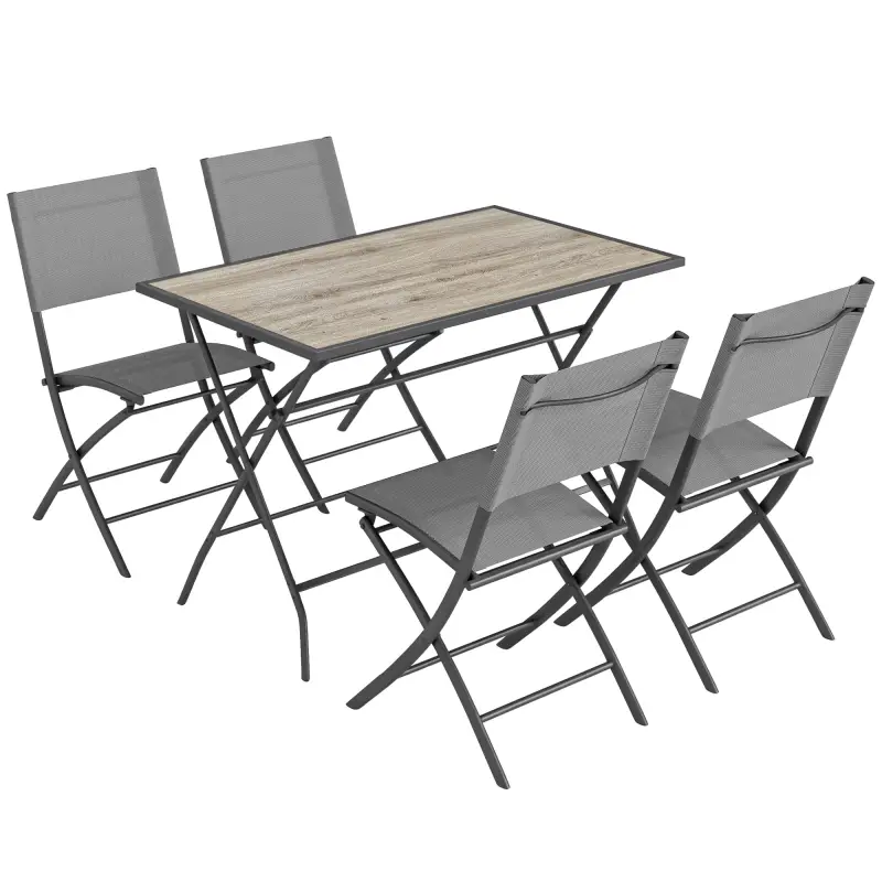 Conjunto de Mesa y Sillas Jardín de 5 Piezas Muebles de Jardín Exterior con 4 Sillas Plegables y Mesa Plegable Gris