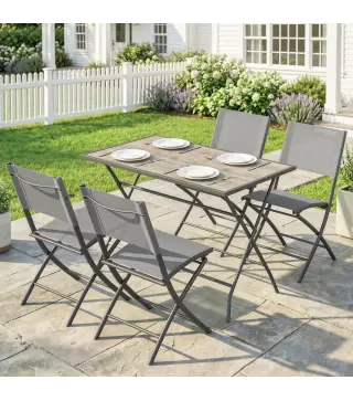 Conjunto de Mesa y Sillas Jardín de 5 Piezas Muebles de Jardín Exterior con 4 Sillas Plegables y Mesa Plegable Gris