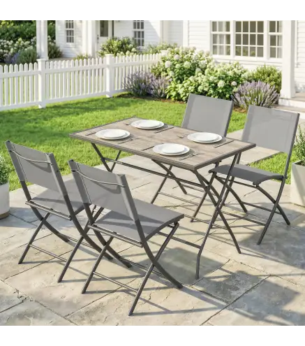Conjunto de Mesa y Sillas Jardín de 5 Piezas Muebles de Jardín Exterior con 4 Sillas Plegables y Mesa Plegable Gris