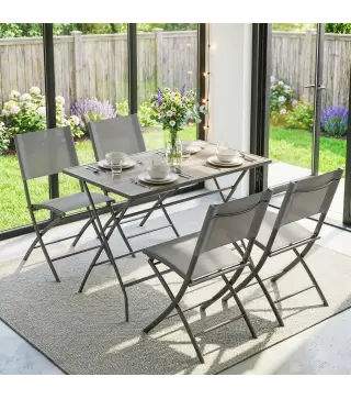 Conjunto de Mesa y Sillas Jardín de 5 Piezas Muebles de Jardín Exterior con 4 Sillas Plegables y Mesa Plegable Gris