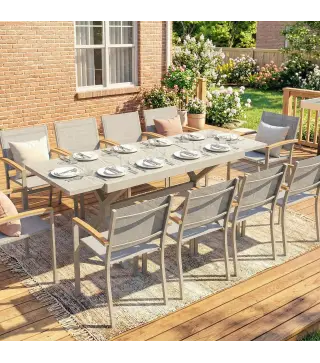 Mesa de Comedor Exterior Extensible 154/214 cm para 8-10 Personas de Aluminio Acero con Tapa Imitación Madera Gris