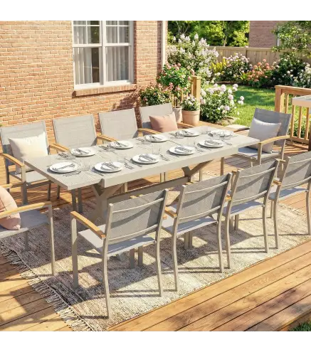 Mesa de Comedor Exterior Extensible 154/214 cm para 8-10 Personas de Aluminio Acero con Tapa Imitación Madera Gris