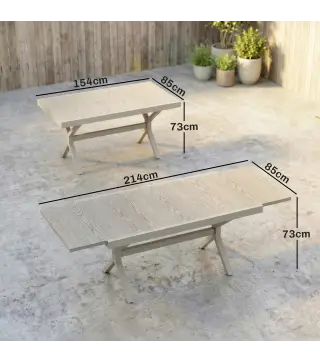 Mesa de Comedor Exterior Extensible 154/214 cm para 8-10 Personas de Aluminio Acero con Tapa Imitación Madera Gris