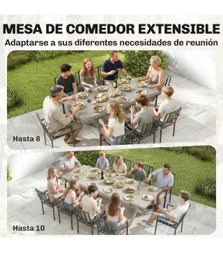 Mesa de Comedor Exterior Extensible 154/214 cm para 8-10 Personas de Aluminio Acero con Tapa Imitación Madera Gris