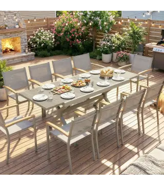 Mesa de Comedor Exterior Extensible 154/214 cm para 8-10 Personas de Aluminio Acero con Tapa Imitación Madera Gris