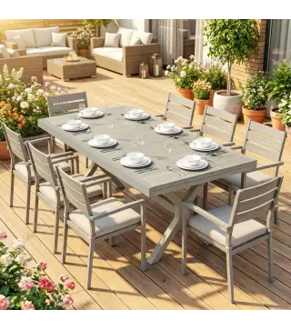 Mesa de Comedor Exterior Extensible 154/214 cm para 8-10 Personas de Aluminio Acero con Tapa Imitación Madera Gris