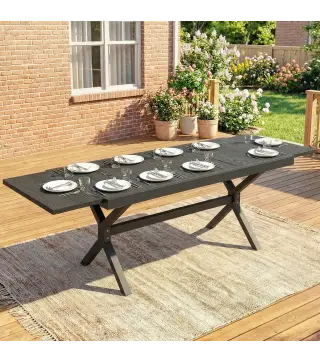 Mesa de Comedor Exterior Extensible 154/214 cm para 8-10 Personas de Aluminio Acero con Tapa Imitación Madera Gris