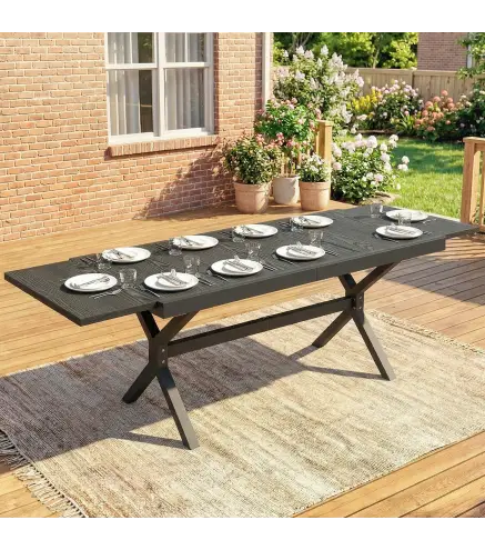 Mesa de Comedor Exterior Extensible 154/214 cm para 8-10 Personas de Aluminio Acero con Tapa Imitación Madera Gris