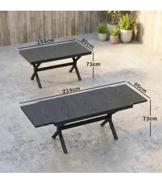 Mesa de Comedor Exterior Extensible 154/214 cm para 8-10 Personas de Aluminio Acero con Tapa Imitación Madera Gris