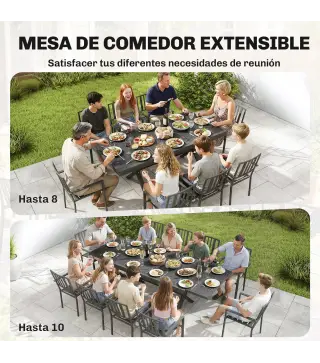 Mesa de Comedor Exterior Extensible 154/214 cm para 8-10 Personas de Aluminio Acero con Tapa Imitación Madera Gris