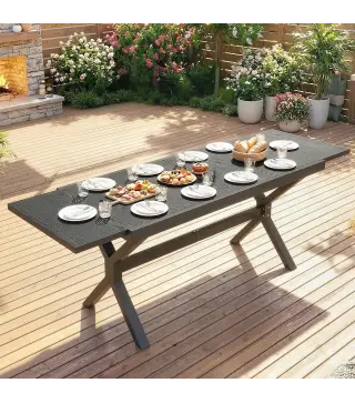 Mesa de Comedor Exterior Extensible 154/214 cm para 8-10 Personas de Aluminio Acero con Tapa Imitación Madera Gris