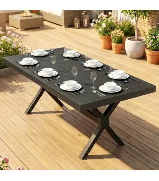 Mesa de Comedor Exterior Extensible 154/214 cm para 8-10 Personas de Aluminio Acero con Tapa Imitación Madera Gris