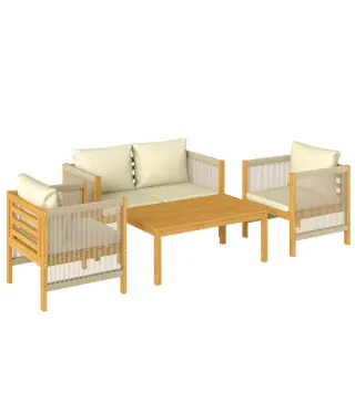 Conjunto de Muebles de Jardín de 4 Piezas con Sofá 2 Plazas 2 Sillones Mesa de Madera Cojines y Cuerda PP Beige