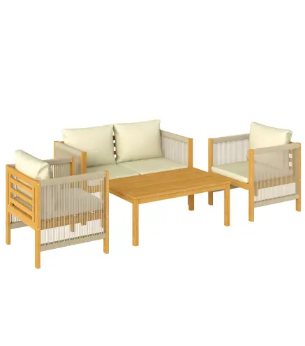 Conjunto de Muebles de Jardín de 4 Piezas con Sofá 2 Plazas 2 Sillones Mesa de Madera Cojines y Cuerda PP Beige