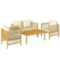 Conjunto de Muebles de Jardín de 4 Piezas con Sofá 2 Plazas 2 Sillones Mesa de Madera Cojines y Cuerda PP Beige