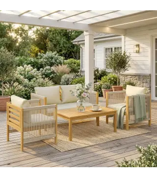 Conjunto de Muebles de Jardín de 4 Piezas con Sofá 2 Plazas 2 Sillones Mesa de Madera Cojines y Cuerda PP Beige