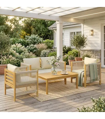 Conjunto de Muebles de Jardín de 4 Piezas con Sofá 2 Plazas 2 Sillones Mesa de Madera Cojines y Cuerda PP Beige
