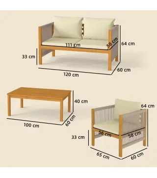 Conjunto de Muebles de Jardín de 4 Piezas con Sofá 2 Plazas 2 Sillones Mesa de Madera Cojines y Cuerda PP Beige