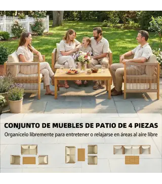 Conjunto de Muebles de Jardín de 4 Piezas con Sofá 2 Plazas 2 Sillones Mesa de Madera Cojines y Cuerda PP Beige