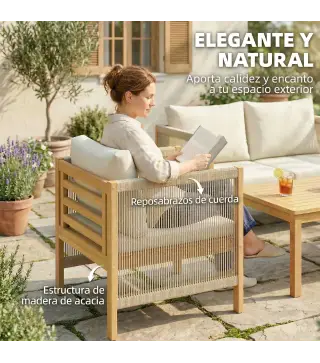 Conjunto de Muebles de Jardín de 4 Piezas con Sofá 2 Plazas 2 Sillones Mesa de Madera Cojines y Cuerda PP Beige