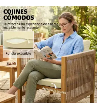 Conjunto de Muebles de Jardín de 4 Piezas con Sofá 2 Plazas 2 Sillones Mesa de Madera Cojines y Cuerda PP Beige