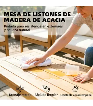 Conjunto de Muebles de Jardín de 4 Piezas con Sofá 2 Plazas 2 Sillones Mesa de Madera Cojines y Cuerda PP Beige