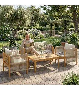 Conjunto de Muebles de Jardín de 4 Piezas con Sofá 2 Plazas 2 Sillones Mesa de Madera Cojines y Cuerda PP Beige