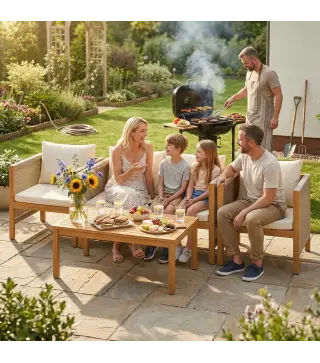 Conjunto de Muebles de Jardín de 4 Piezas con Sofá 2 Plazas 2 Sillones Mesa de Madera Cojines y Cuerda PP Beige