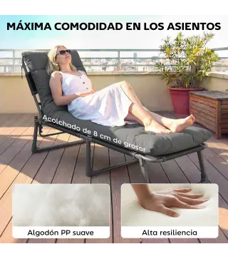 Juego de 2 Cojines para Tumbonas 180x55 cm Cojines para Sillas de Jardín Gruesas UPF30+ con 4 Cintas Gris Oscuro