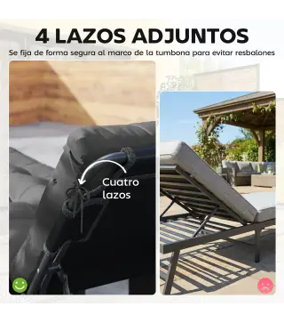 Juego de 2 Cojines para Tumbonas 180x55 cm Cojines para Sillas de Jardín Gruesas UPF30+ con 4 Cintas Gris Oscuro