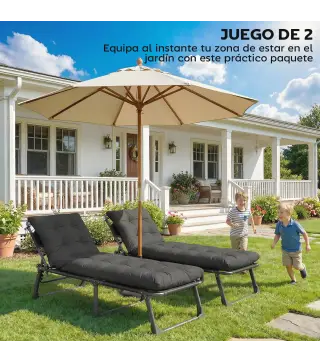 Juego de 2 Cojines para Tumbonas 180x55 cm Cojines para Sillas de Jardín Gruesas UPF30+ con 4 Cintas Gris Oscuro