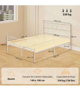 Estructura de Cama 140x190 cm con Cabecero Soporte de Listones de Acero Almacenamiento Bajo la Cama