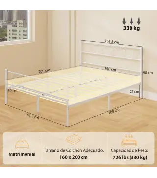 Estructura de Cama 160x200 cm con Cabecero Soporte de Listones de Acero Almacenamiento Bajo la Cama
