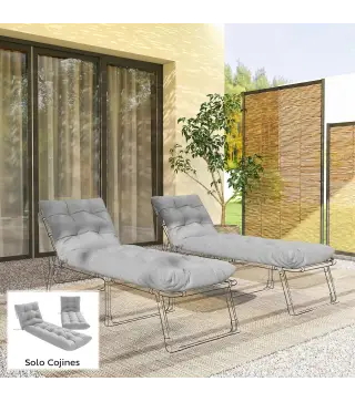 Juego de 2 Cojines para Tumbonas 180x55 cm Cojines para Sillas de Jardín Gruesas UPF30+ con 4 Cintas Gris Claro