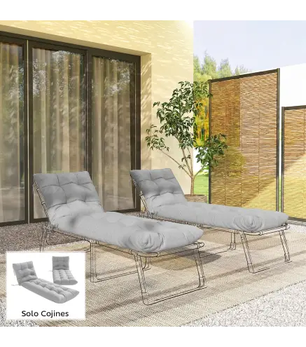 Juego de 2 Cojines para Tumbonas 180x55 cm Cojines para Sillas de Jardín Gruesas UPF30+ con 4 Cintas Gris Claro