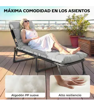 Juego de 2 Cojines para Tumbonas 180x55 cm Cojines para Sillas de Jardín Gruesas UPF30+ con 4 Cintas Gris Claro