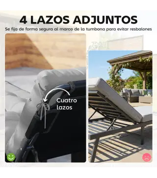 Juego de 2 Cojines para Tumbonas 180x55 cm Cojines para Sillas de Jardín Gruesas UPF30+ con 4 Cintas Gris Claro