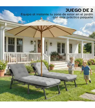 Juego de 2 Cojines para Tumbonas 180x55 cm Cojines para Sillas de Jardín Gruesas UPF30+ con 4 Cintas Gris Claro