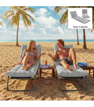 Juego de 2 Cojines para Tumbonas 180x55 cm Cojines para Sillas de Jardín Gruesas UPF30+ con 4 Cintas Gris Claro