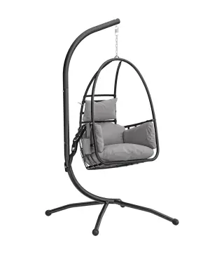Silla Colgante Huevo con Soporte Cesta Plegable Reposacabezas Cojín Bolsillo Lateral Carga 120 kg Gris Oscuro