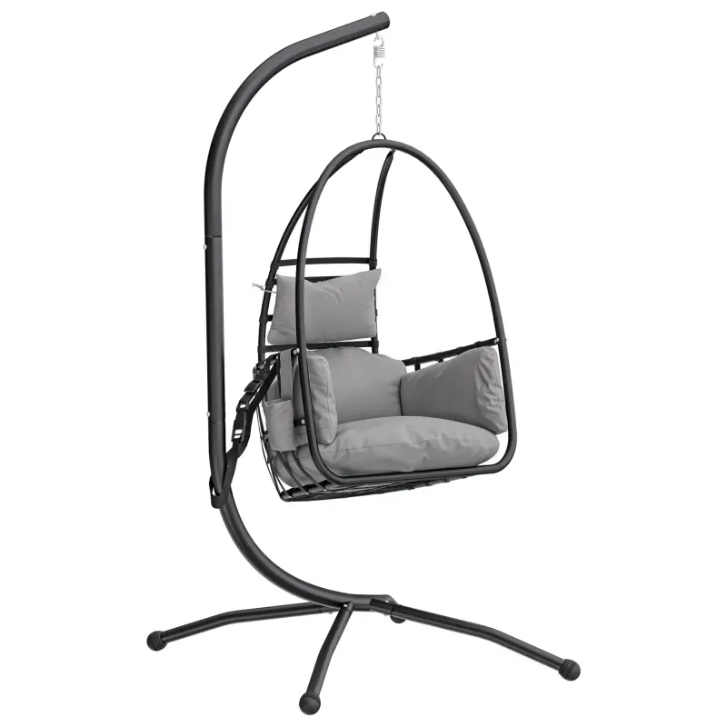 Silla Colgante Huevo con Soporte Cesta Plegable Reposacabezas Cojín Bolsillo Lateral Carga 120 kg Gris Oscuro