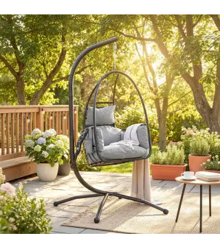 Silla Colgante Huevo con Soporte Cesta Plegable Reposacabezas Cojín Bolsillo Lateral Carga 120 kg Gris Oscuro