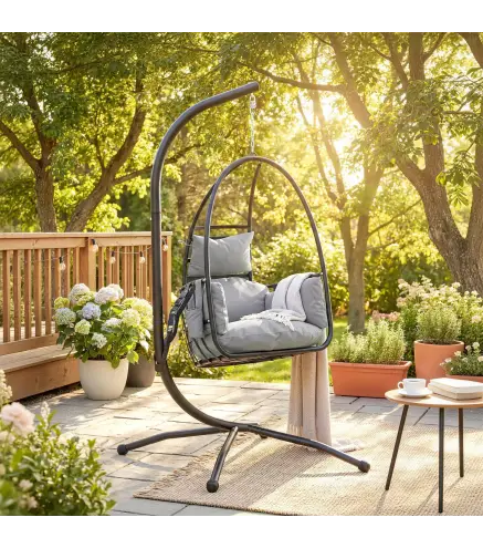 Silla Colgante Huevo con Soporte Cesta Plegable Reposacabezas Cojín Bolsillo Lateral Carga 120 kg Gris Oscuro