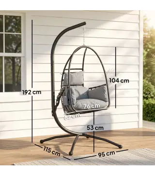 Silla Colgante Huevo con Soporte Cesta Plegable Reposacabezas Cojín Bolsillo Lateral Carga 120 kg Gris Oscuro