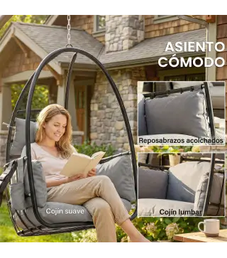 Silla Colgante Huevo con Soporte Cesta Plegable Reposacabezas Cojín Bolsillo Lateral Carga 120 kg Gris Oscuro