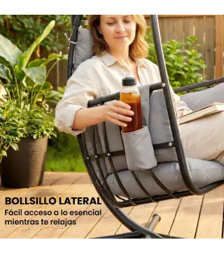 Silla Colgante Huevo con Soporte Cesta Plegable Reposacabezas Cojín Bolsillo Lateral Carga 120 kg Gris Oscuro