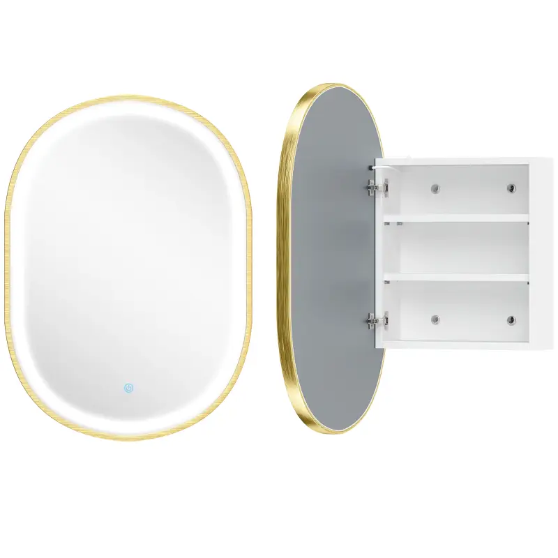 Armario de Baño con Espejo y Luces LED de 3 Colores Armario de Pared Ovalado con Función Memoria y Antivaho Dorado