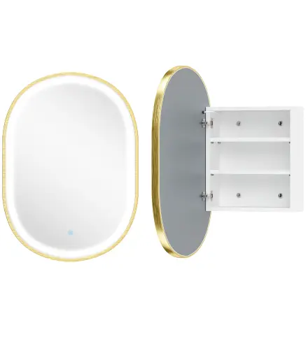 Armario de Baño con Espejo y Luces LED de 3 Colores Armario de Pared Ovalado con Función Memoria y Antivaho Dorado