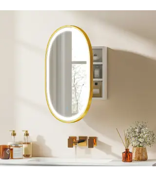 Armario de Baño con Espejo y Luces LED de 3 Colores Armario de Pared Ovalado con Función Memoria y Antivaho Dorado